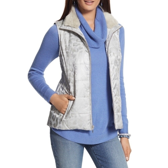 Chico's Silver Animal Print Metallic Faux Fur Collar Quilted Zip Vest Pockets - Picture 3 of 9